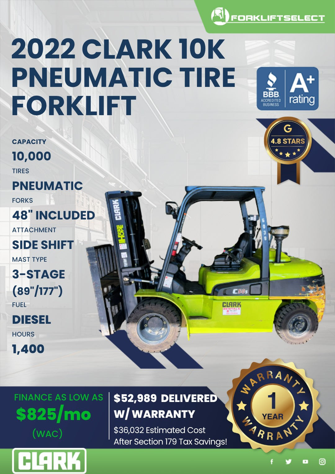 2022 Clark 10K Pneumatic Tire Forkl...