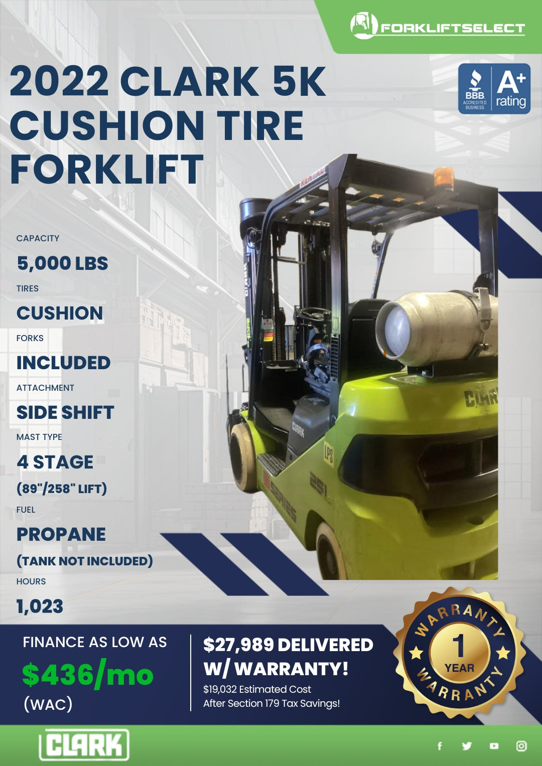 2022 Clark 5K Cushion Tire Forklift...