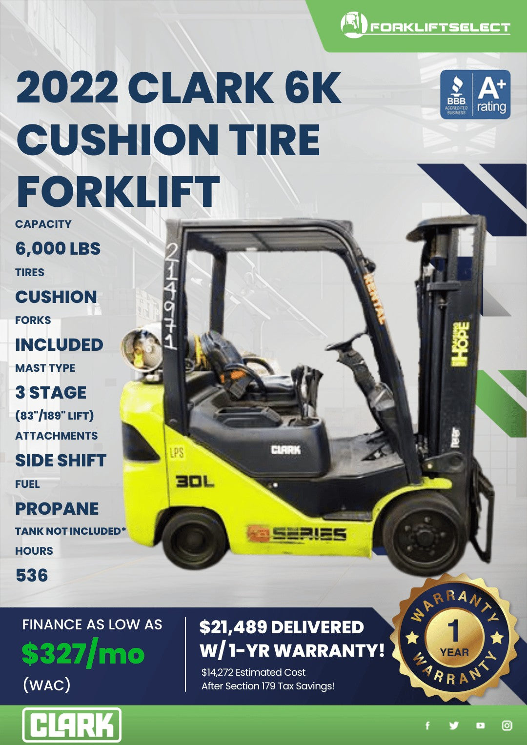2022.0 Clark 6K Cushion Tire Forkli...