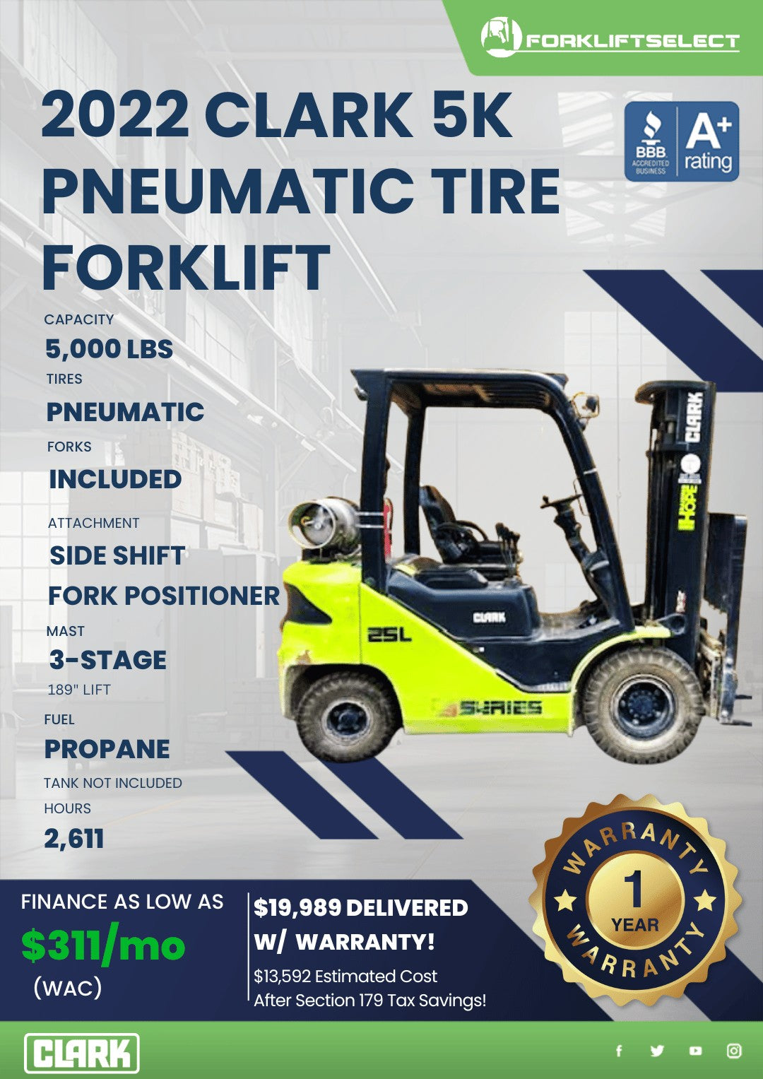 2022 Clark 5K Cushion Tire Forklift...