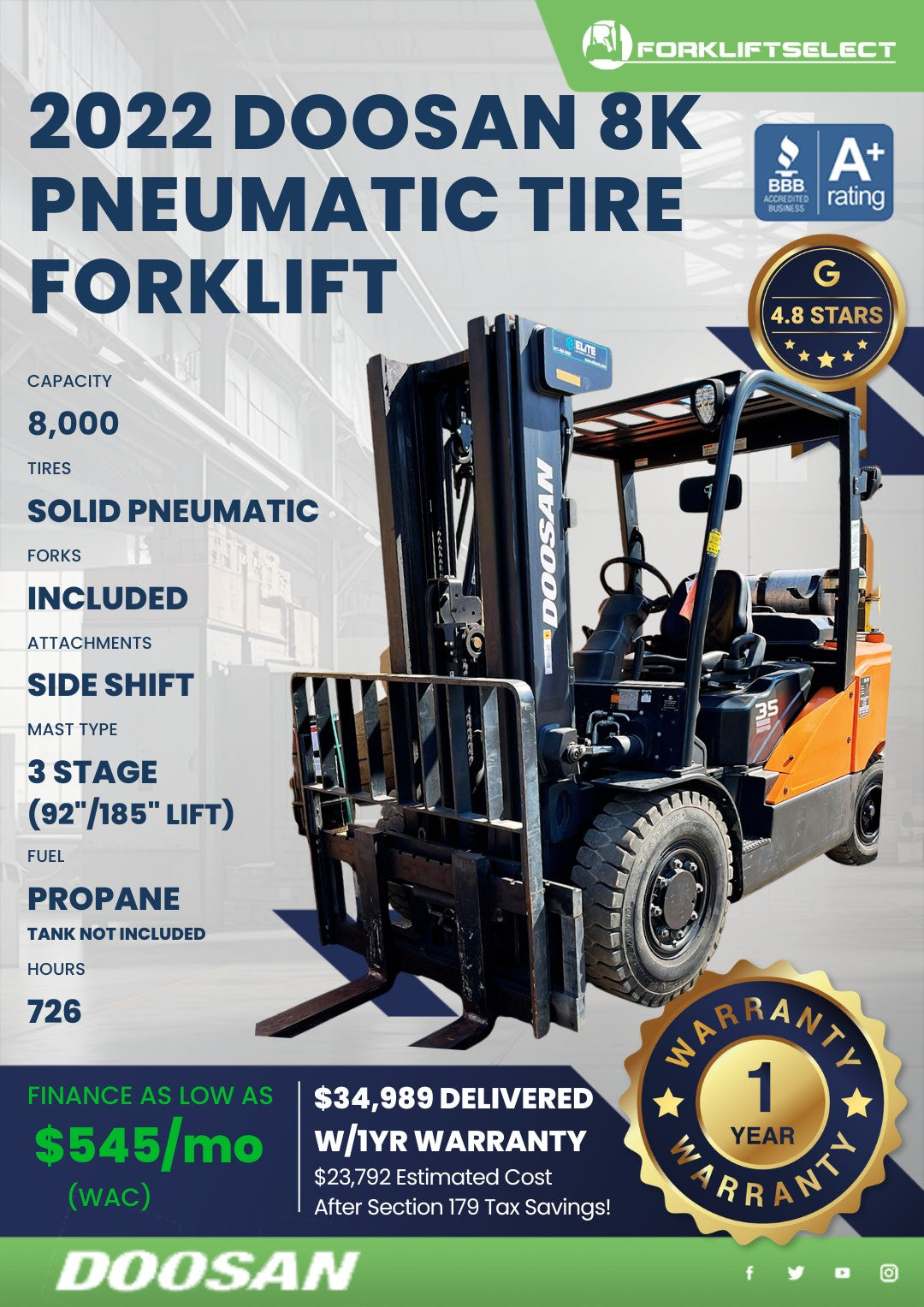 2022 Doosan 8K Pneumatic Tire Forkl...