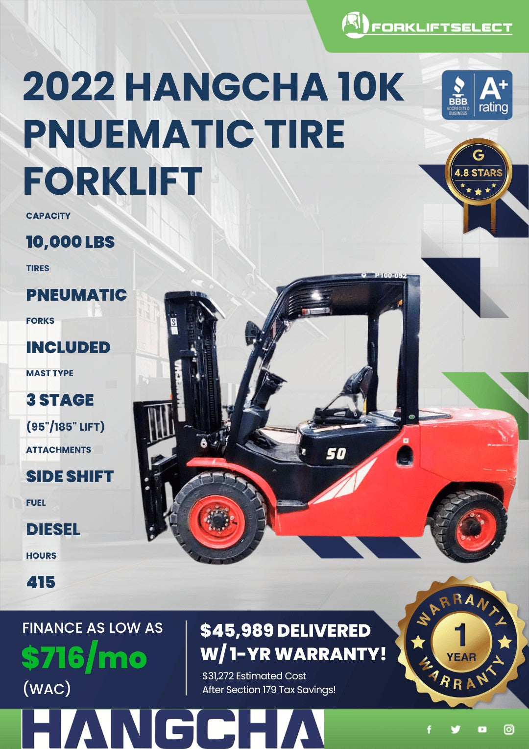 2022 Hangcha 10K Pneumatic Tire For...