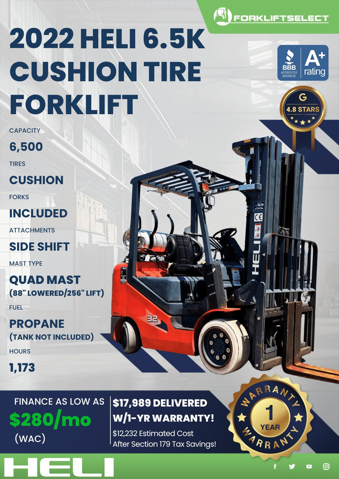 2022 HELI 6.5K Cushion Tire Forklif...