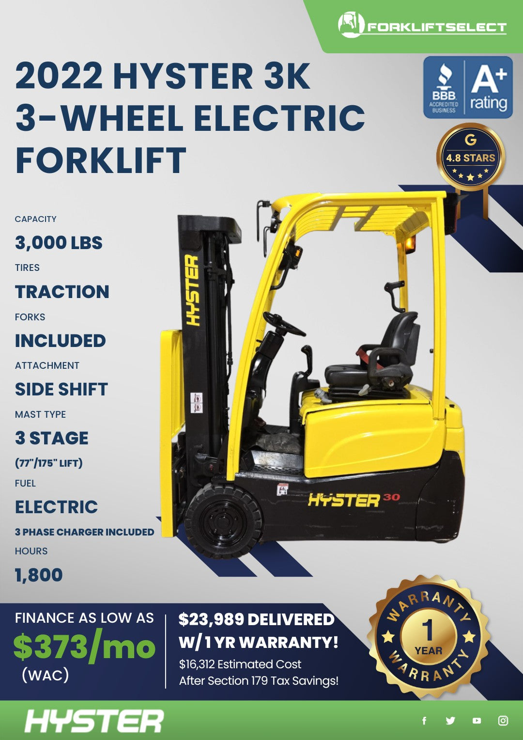 2022 Hyster 3K 3-Wheel Electric For...