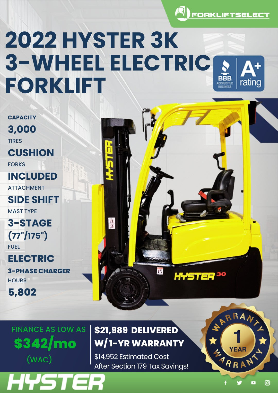 2022.0 Hyster 3K Cushion Tire Elect...