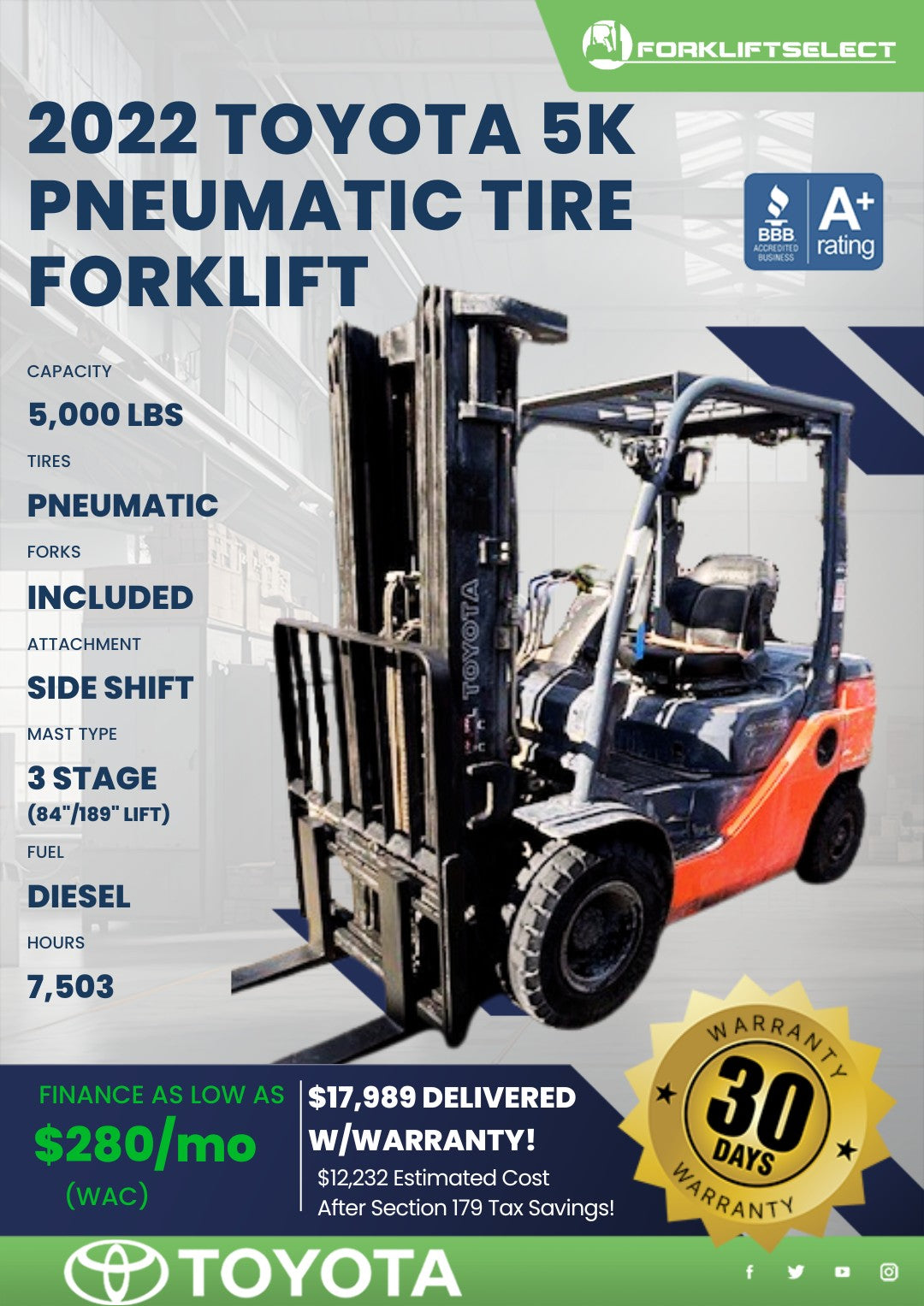 2022 Toyota 5K Pneumatic Tire Forkl...