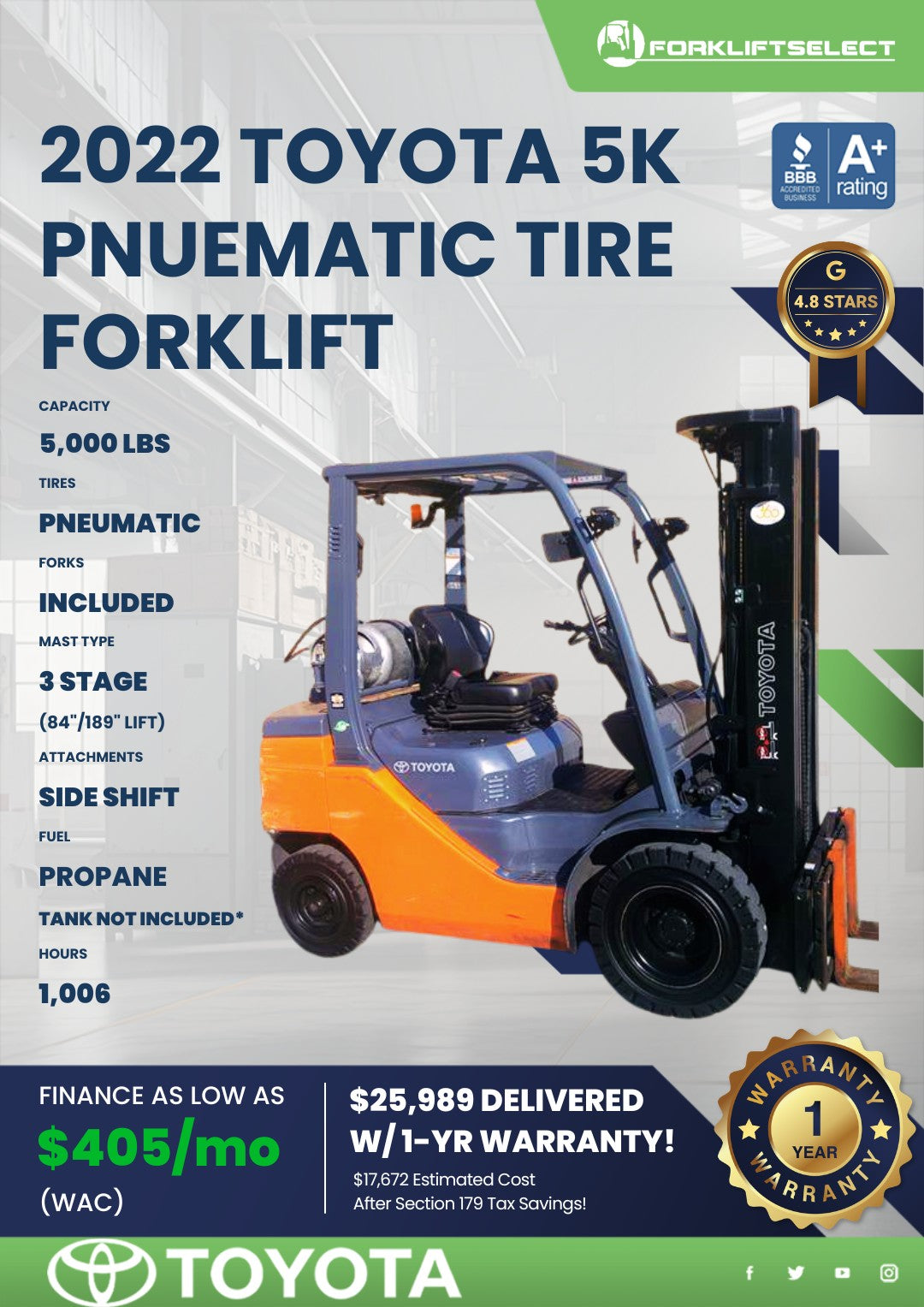 2022 Toyota 5K Pneumatic Tire Forklift