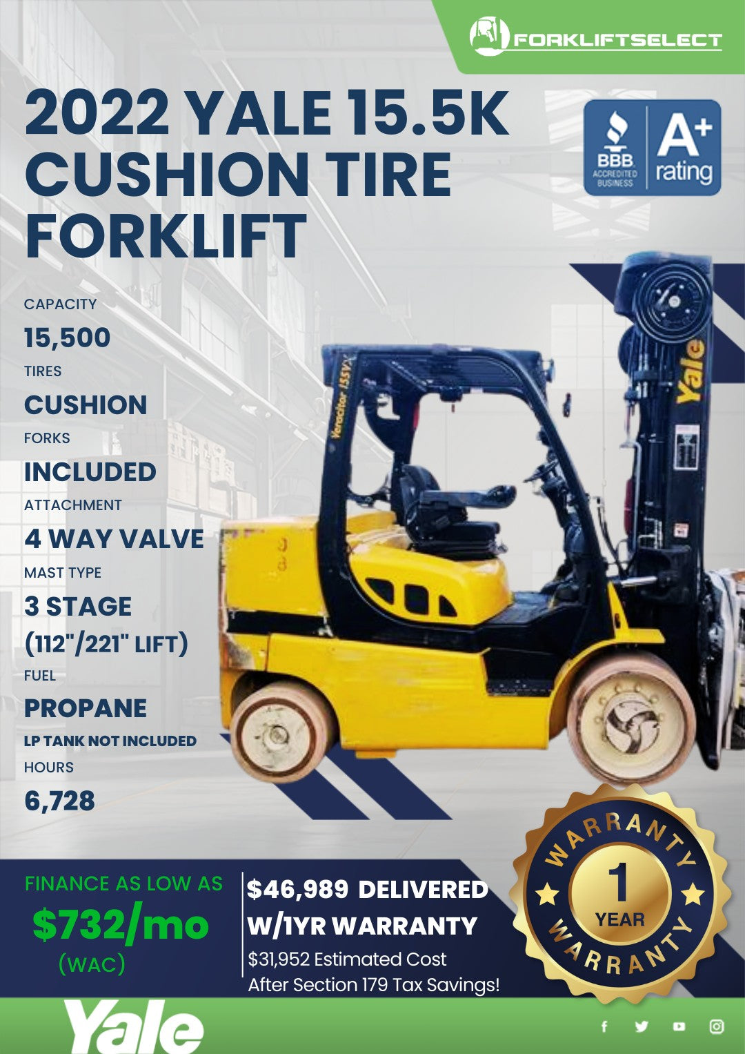 2022.0 Yale 15.5K Cushion Tire Fork...