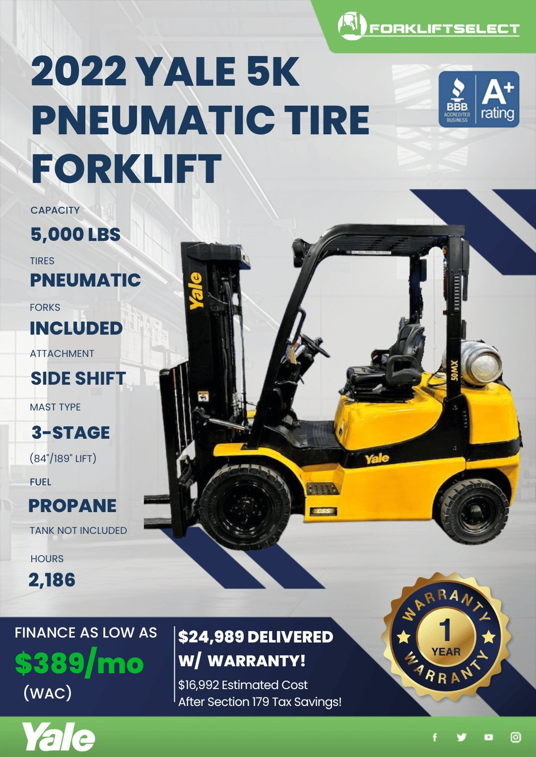 2022 Yale 5K Pneumatic Tire Forklif...