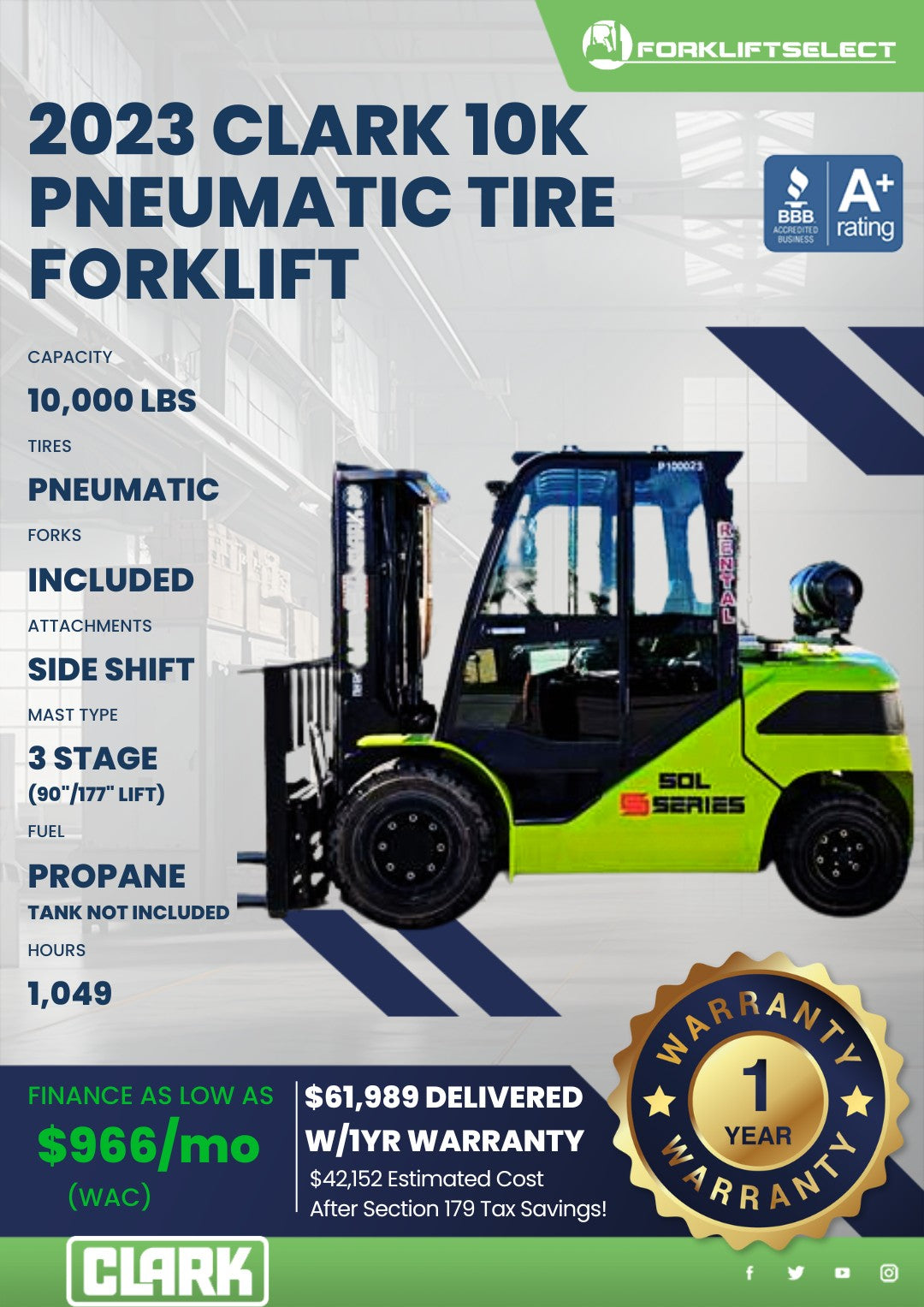 2023 Clark 10K Pneumatic Tire Forkl...