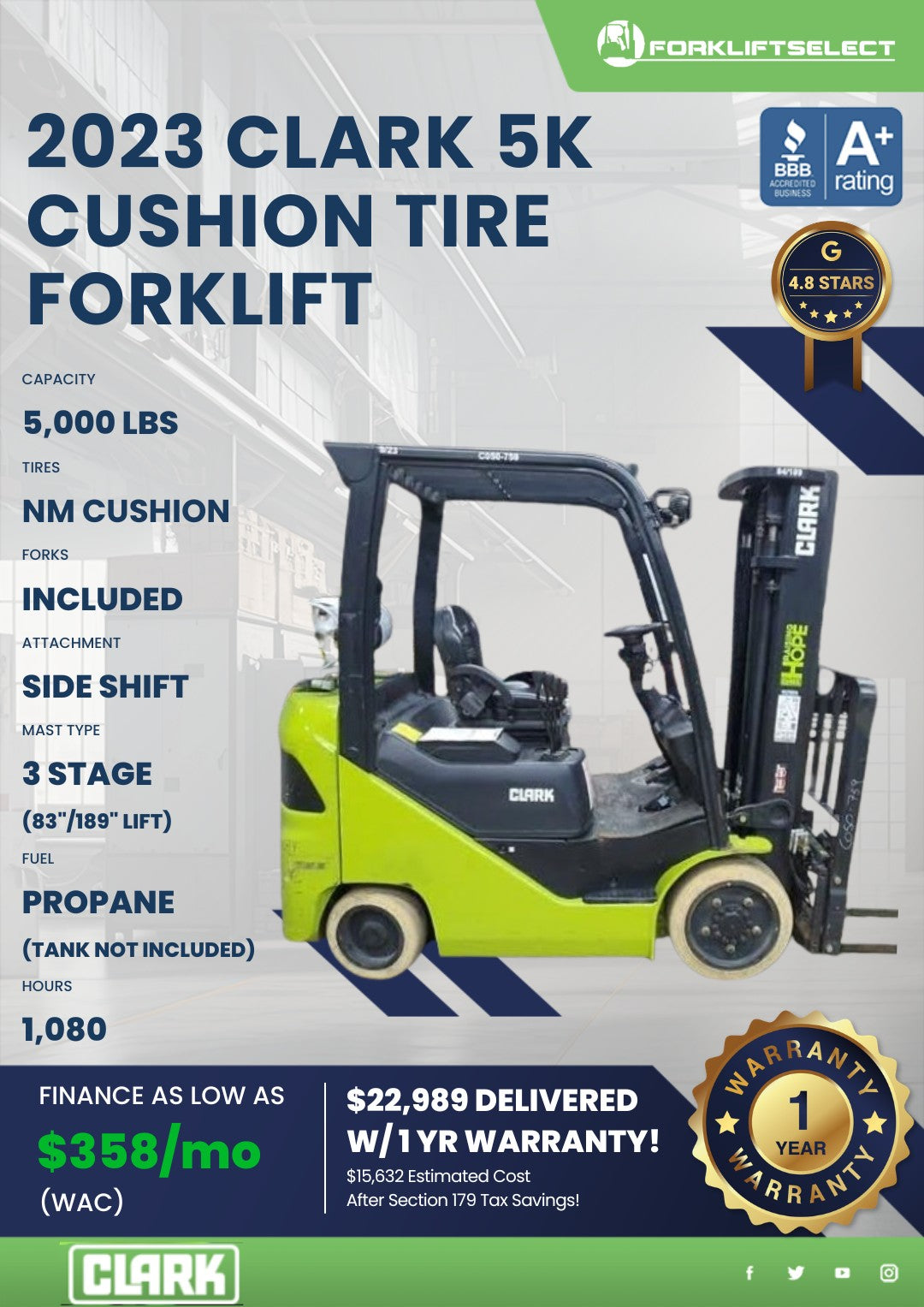 2023 Clark 5K Cushion Tire Forklift...