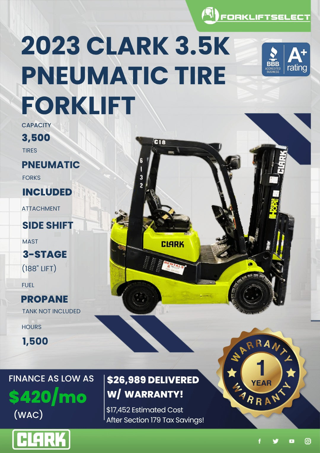 2023 Clark 3.5K Pneumatic Tire Fork...