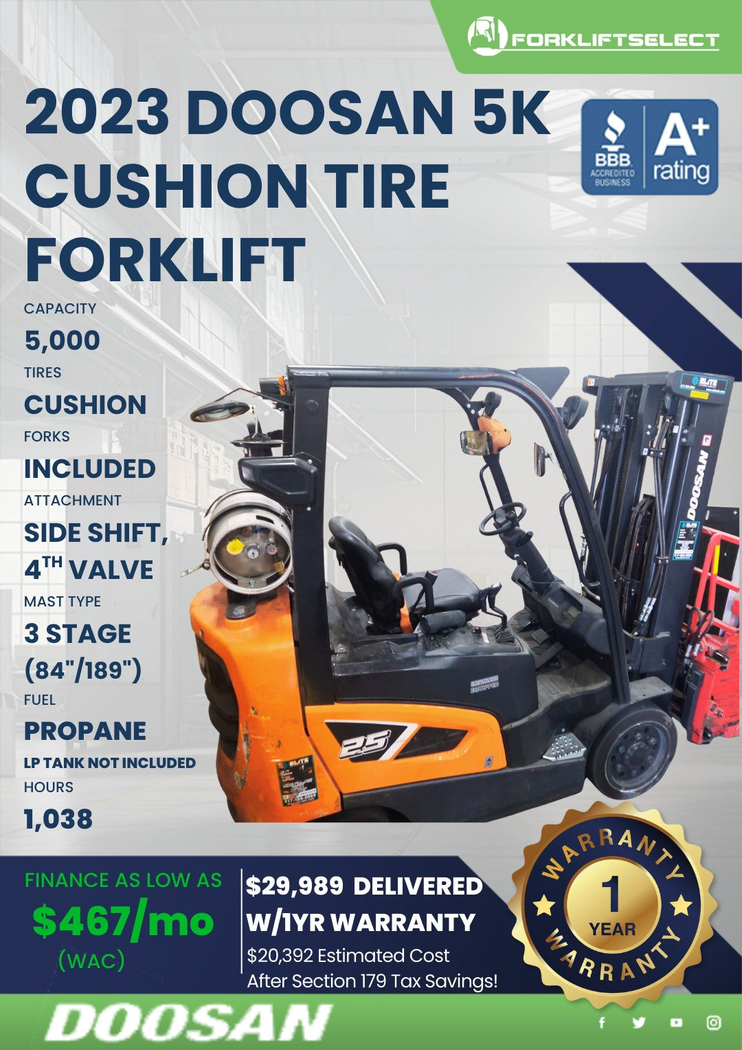 2023.0 Doosan 5K Cushion Tire Forkl...