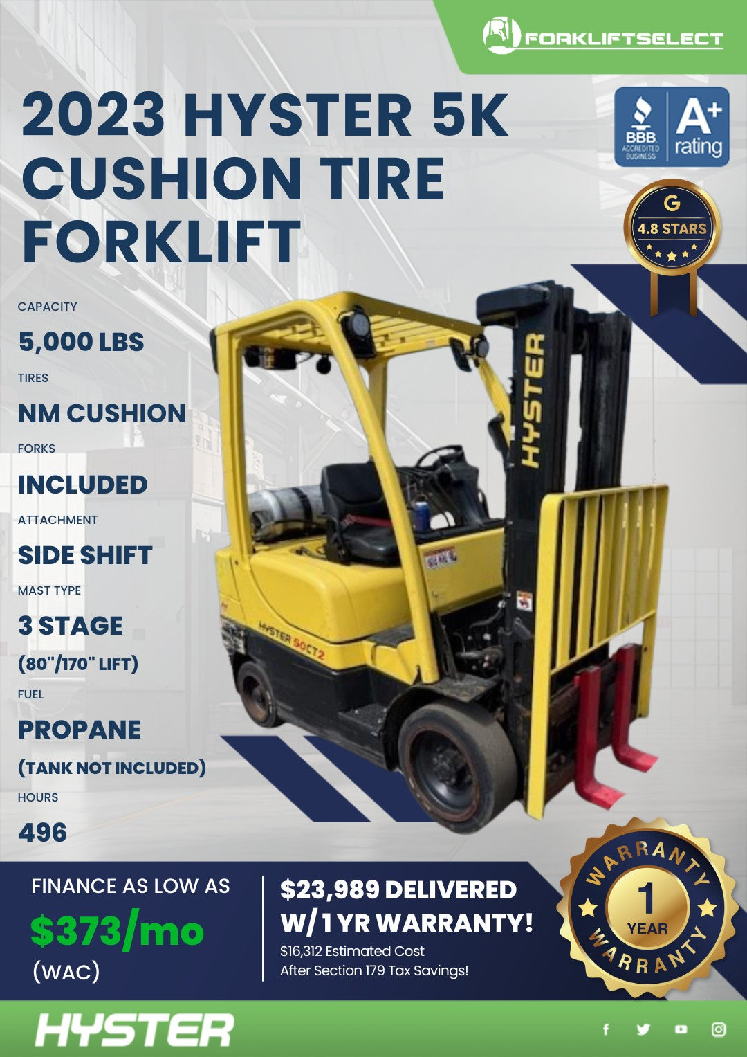 2023 Hyster 5K Cushion Tire Forklif...