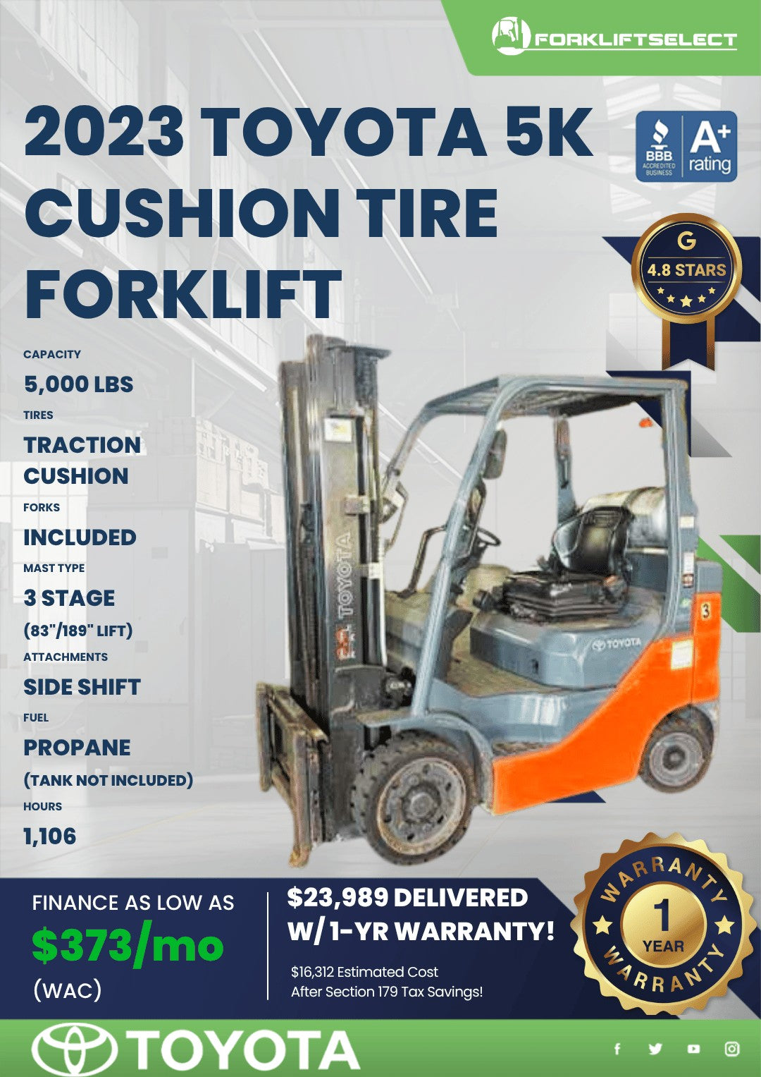 2023.0 Toyota 5K Cushion Tire Forkl...