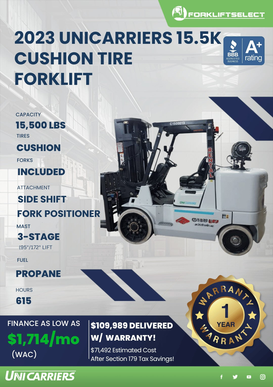 2023 UniCarriers 15.5K Cushion Tire...