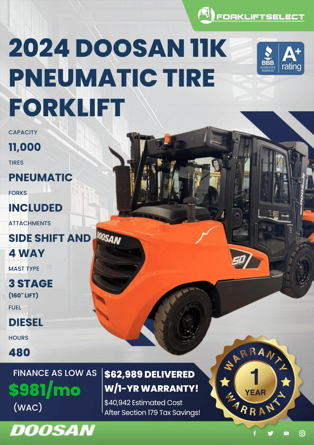 2024 Doosan 11K Pneumatic Tire Fork...