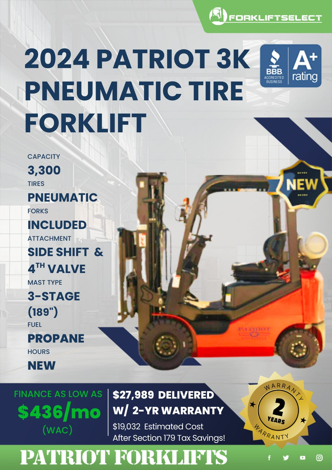 2024 Patriot 3K Pneumatic Tire Fork...