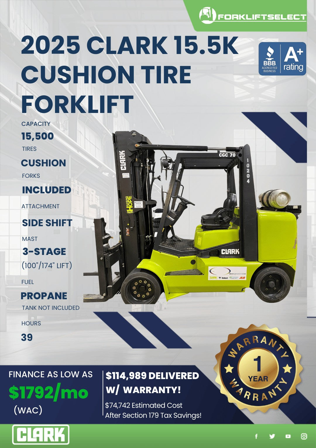 2025 Clark 16K Cushion Tire Forklif...