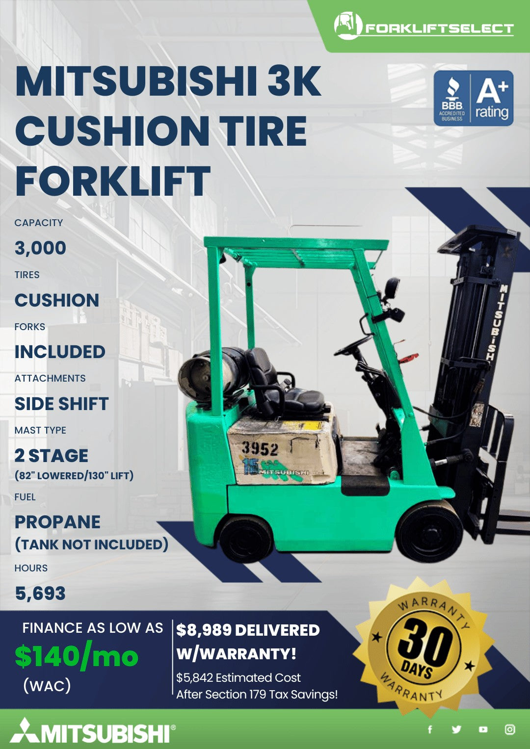 0 Mitsubishi 3K Cushion Tire Forkli...