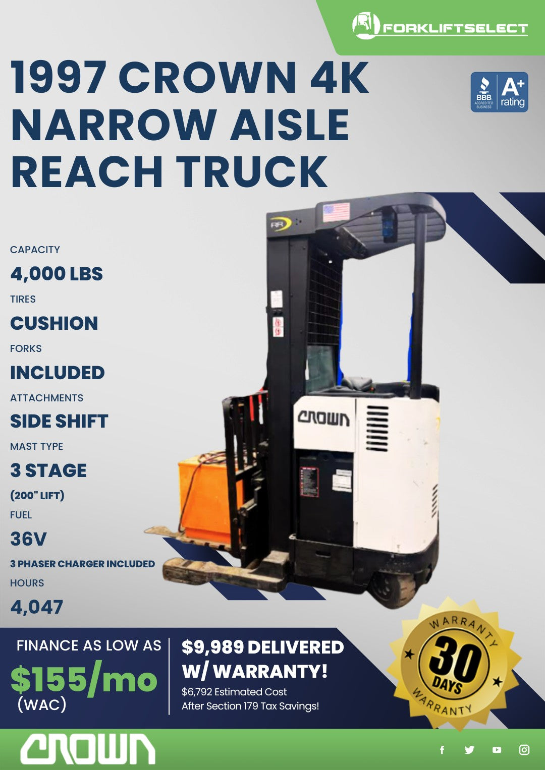 1997 Crown 4K Narrow Aisle Reach Tr...