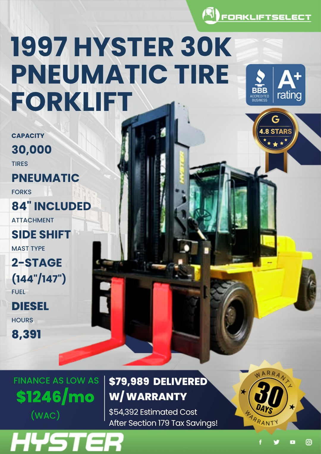 1997 Hyster 30K Pneumatic Tire Fork...
