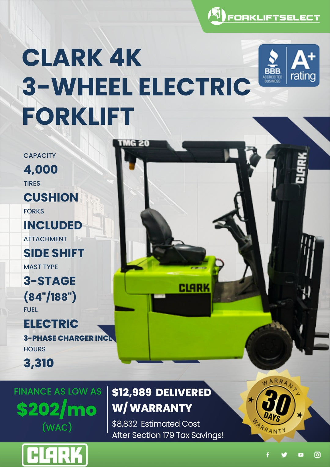 1999 Clark 4K 3-Wheel Electric Fork...
